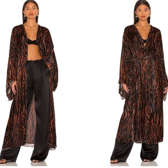 ROCOCO SAND Robe Open Front Kimono Sleeves Brown Crushed Velvet Belted Sz M NWT - Picture 5 of 13